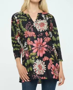 Black And Pink Floral Cotton Tunic Top