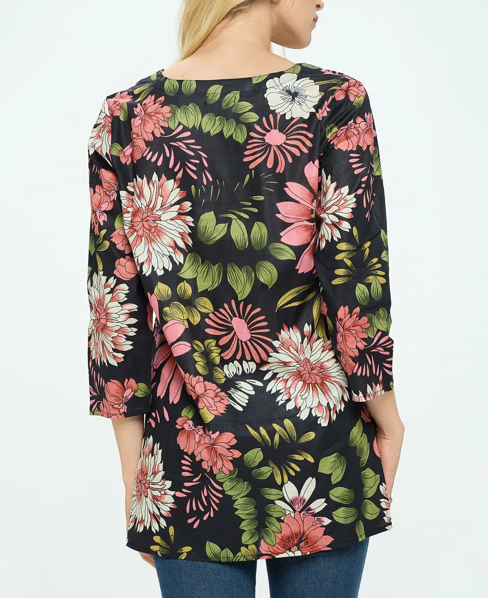 Black And Pink Floral Cotton Tunic Top