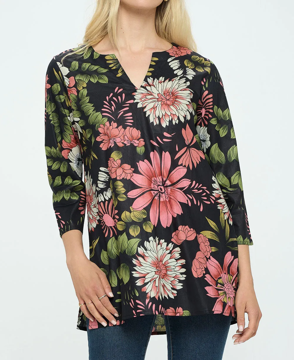 Black And Pink Floral Cotton Tunic Top