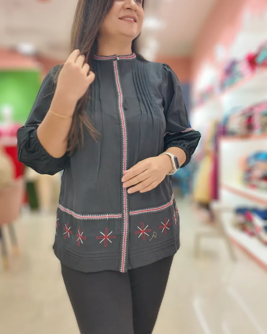 Black Cotton Embroidered Casual Short Top