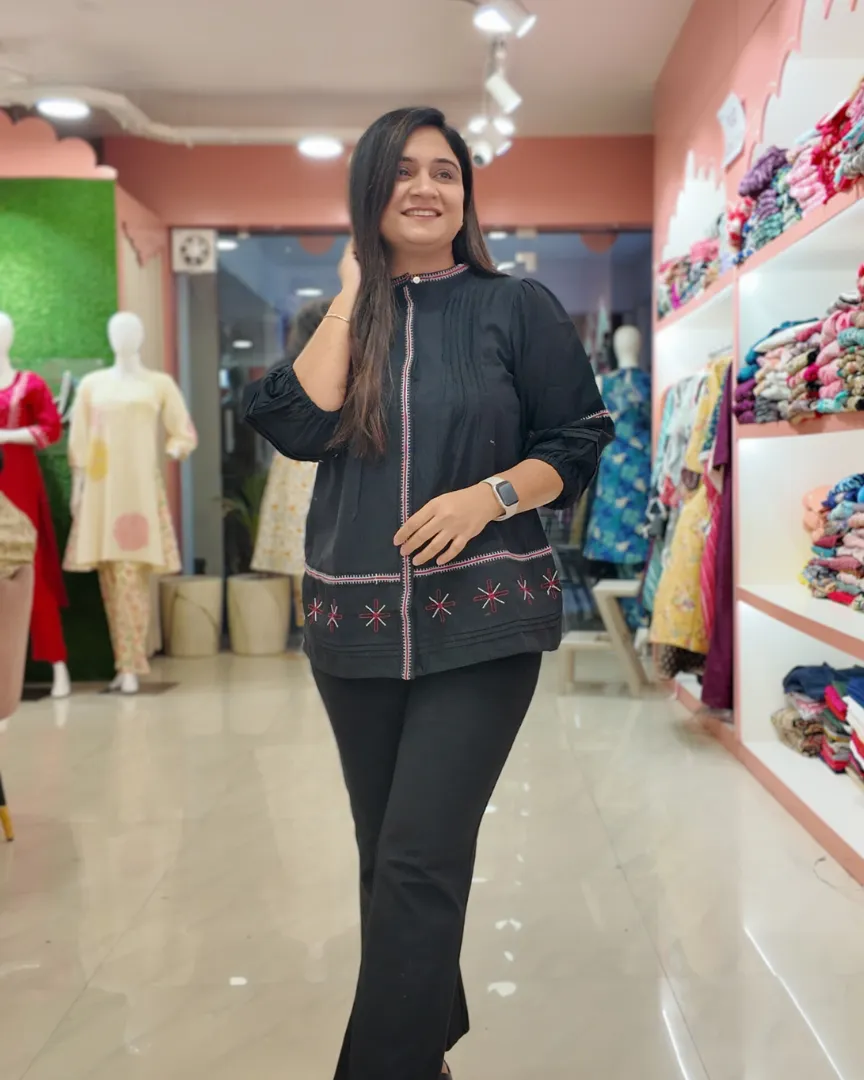 Black Cotton Embroidered Casual Short Top
