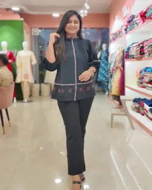 Black Cotton Embroidered Casual Short Top