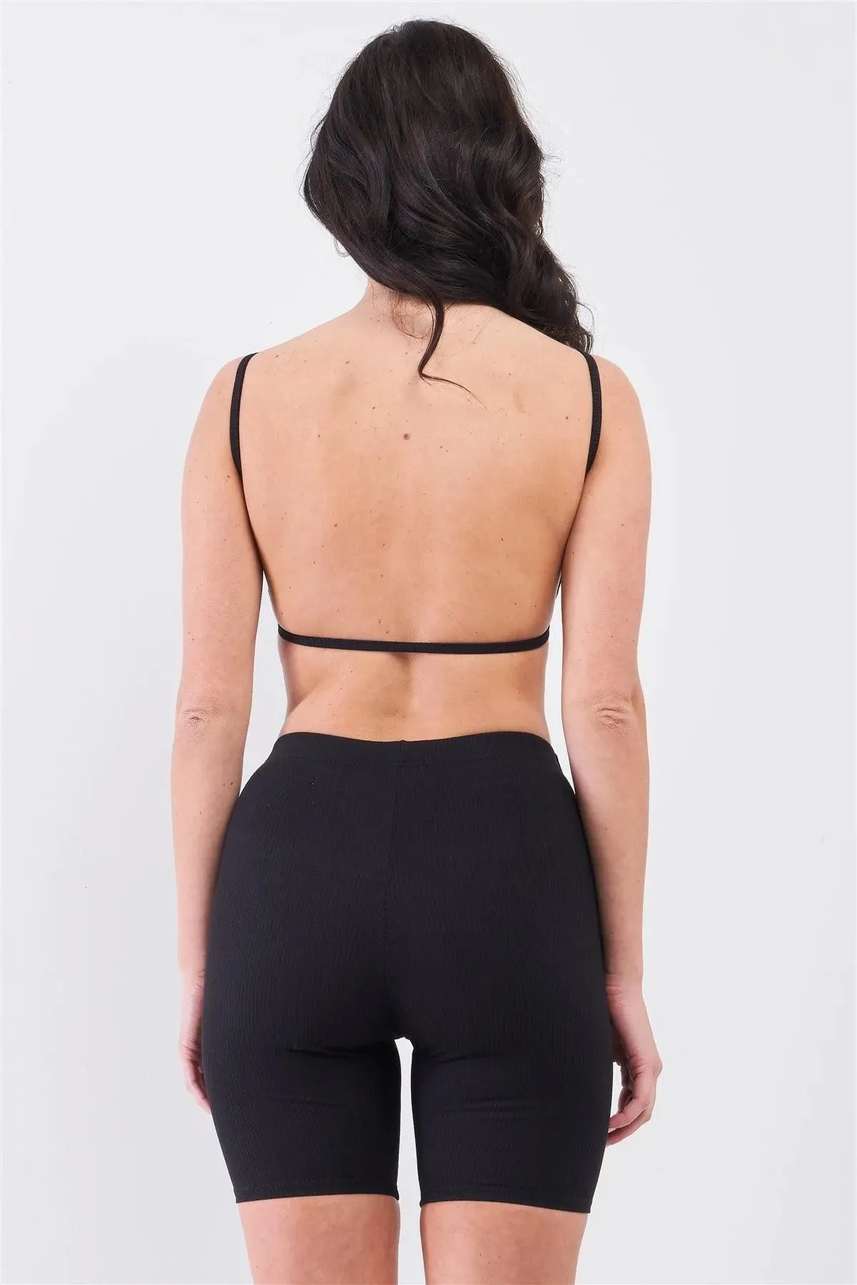 Black Striped Detail Ribbed Open Back Sleeveless Top & High Waist Biker Shorts Set