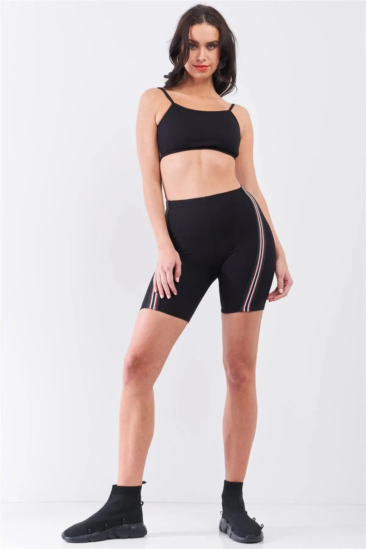 Black Striped Detail Ribbed Open Back Sleeveless Top & High Waist Biker Shorts Set
