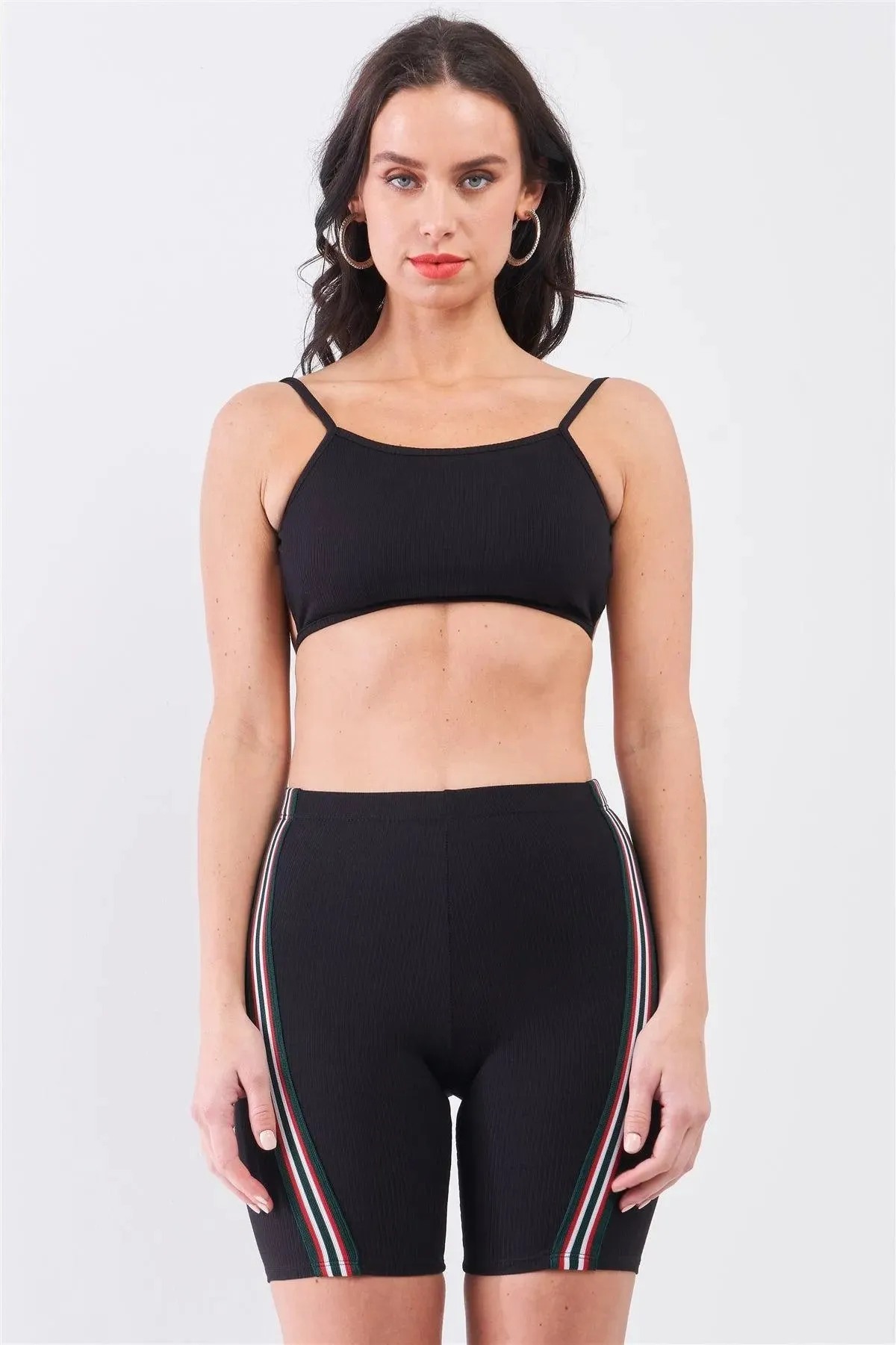 Black Striped Detail Ribbed Open Back Sleeveless Top & High Waist Biker Shorts Set
