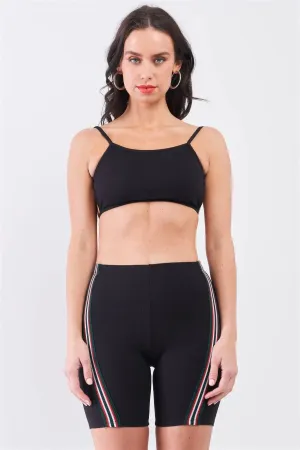 Black Striped Detail Ribbed Open Back Sleeveless Top & High Waist Biker Shorts Set