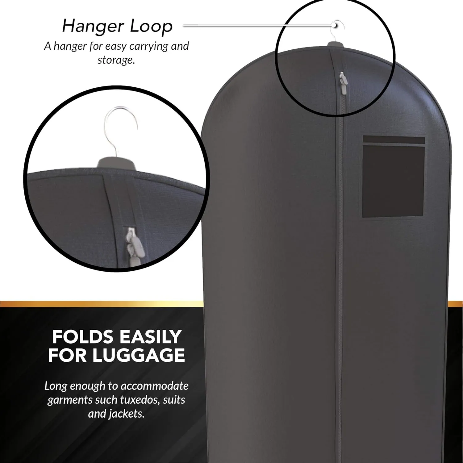 Black Suit Garment Travel Bags - ID Tag Window, Heavy Duty, Lightweight, 48"