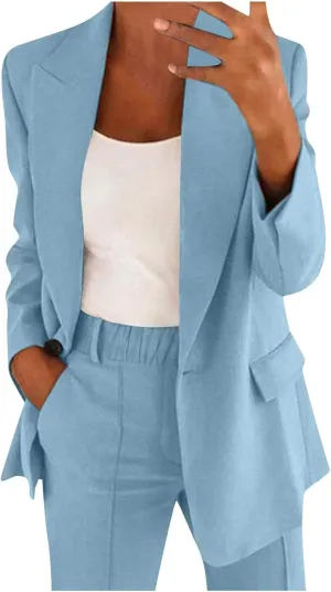Blazer Sets Women 2 Piece Outfits Open Front Business Casual Jackets Elastic Waist Dress Pants Fashion Suit Sets