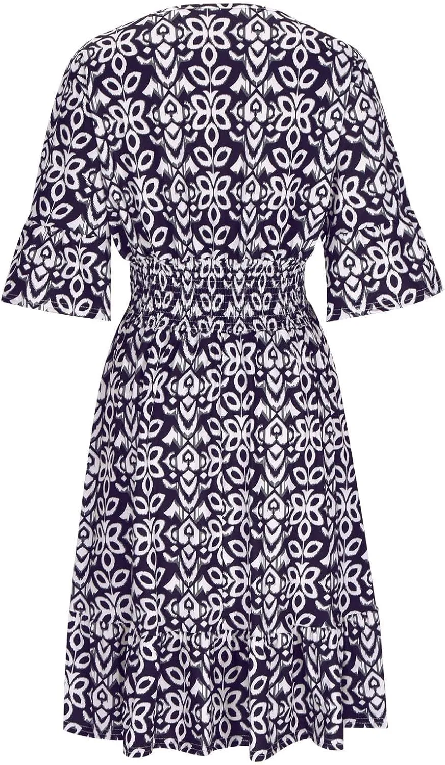 Bohemian Summer Dresses for Women 2024 Flowy 3/4 Sleeve V Neck Boho Floral Print Sun Dresses Trendy Vacation Clothes