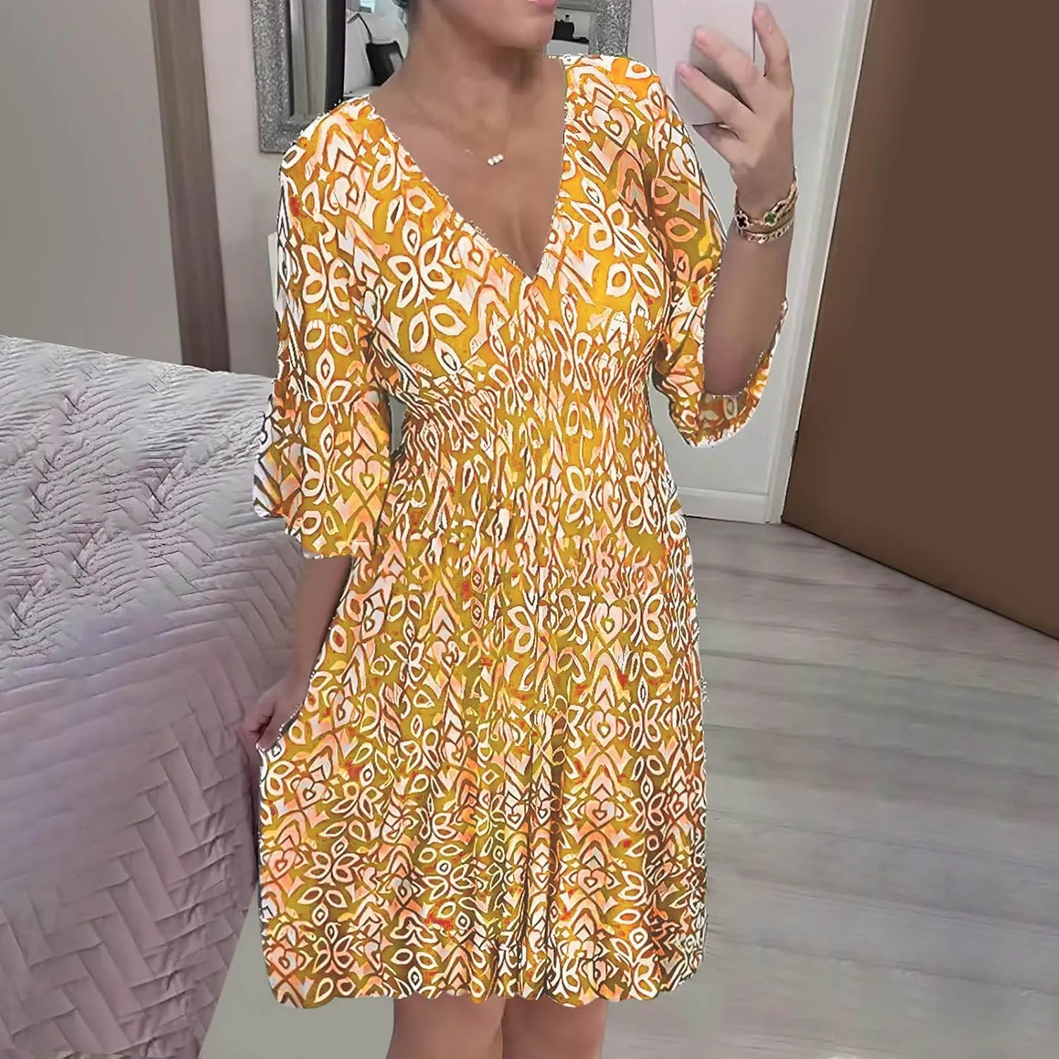 Bohemian Summer Dresses for Women 2024 Flowy 3/4 Sleeve V Neck Boho Floral Print Sun Dresses Trendy Vacation Clothes