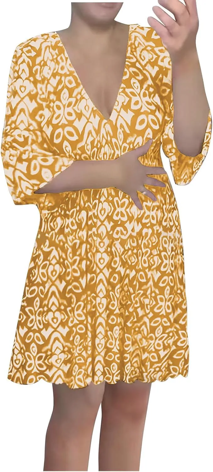 Bohemian Summer Dresses for Women 2024 Flowy 3/4 Sleeve V Neck Boho Floral Print Sun Dresses Trendy Vacation Clothes