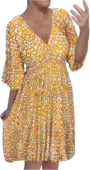 Bohemian Summer Dresses for Women 2024 Flowy 3/4 Sleeve V Neck Boho Floral Print Sun Dresses Trendy Vacation Clothes
