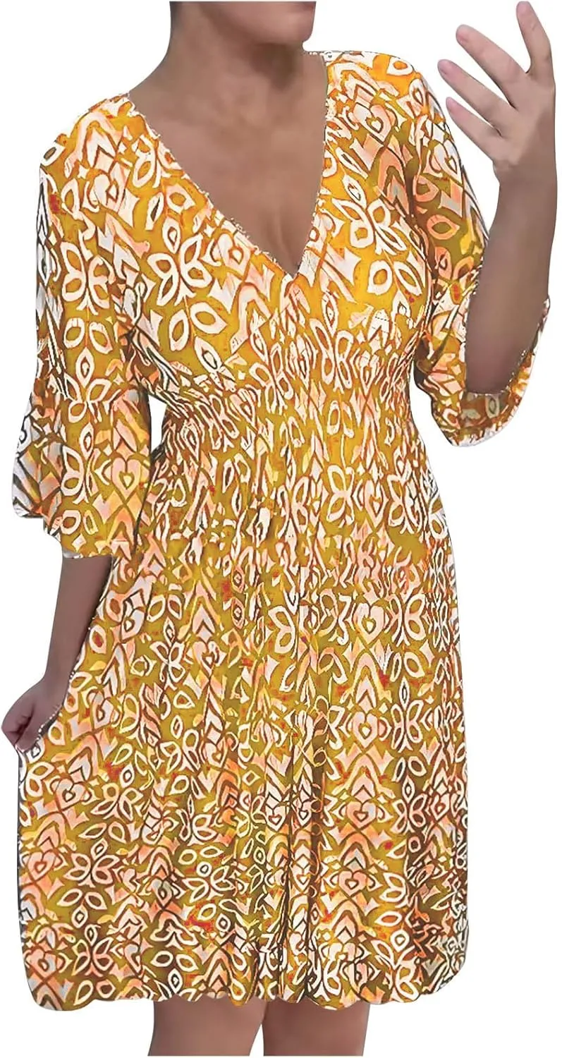 Bohemian Summer Dresses for Women 2024 Flowy 3/4 Sleeve V Neck Boho Floral Print Sun Dresses Trendy Vacation Clothes