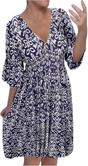 Bohemian Summer Dresses for Women 2024 Flowy 3/4 Sleeve V Neck Boho Floral Print Sun Dresses Trendy Vacation Clothes