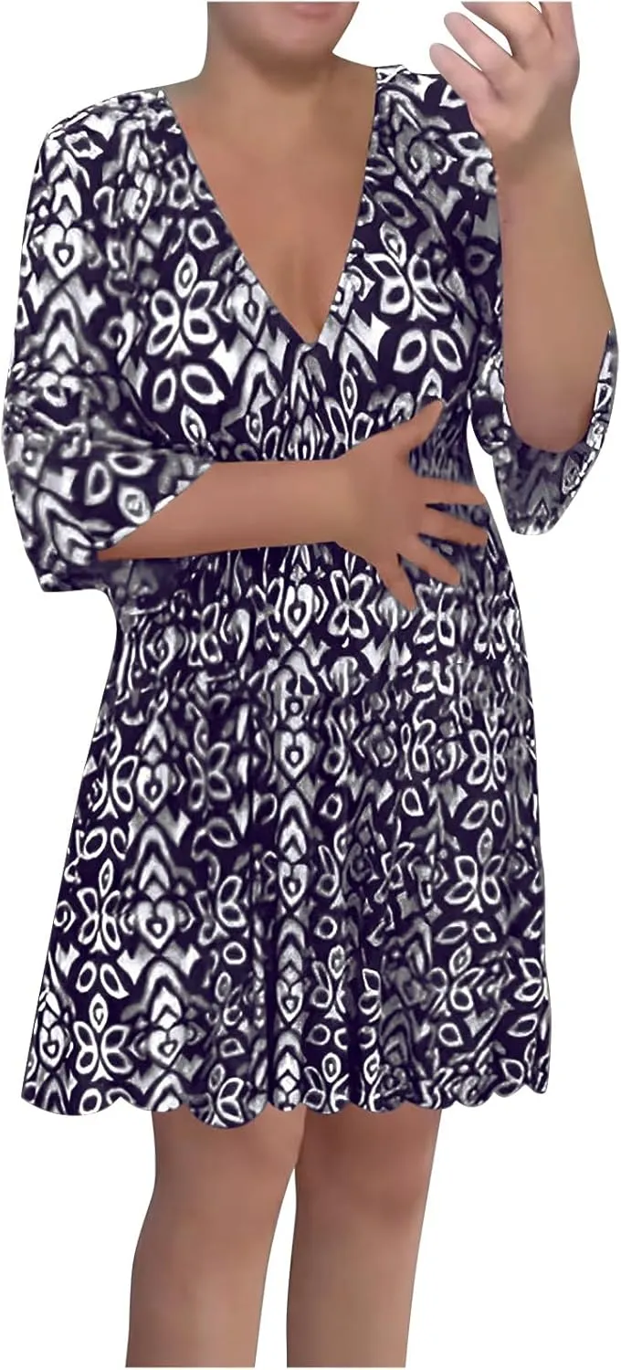 Bohemian Summer Dresses for Women 2024 Flowy 3/4 Sleeve V Neck Boho Floral Print Sun Dresses Trendy Vacation Clothes