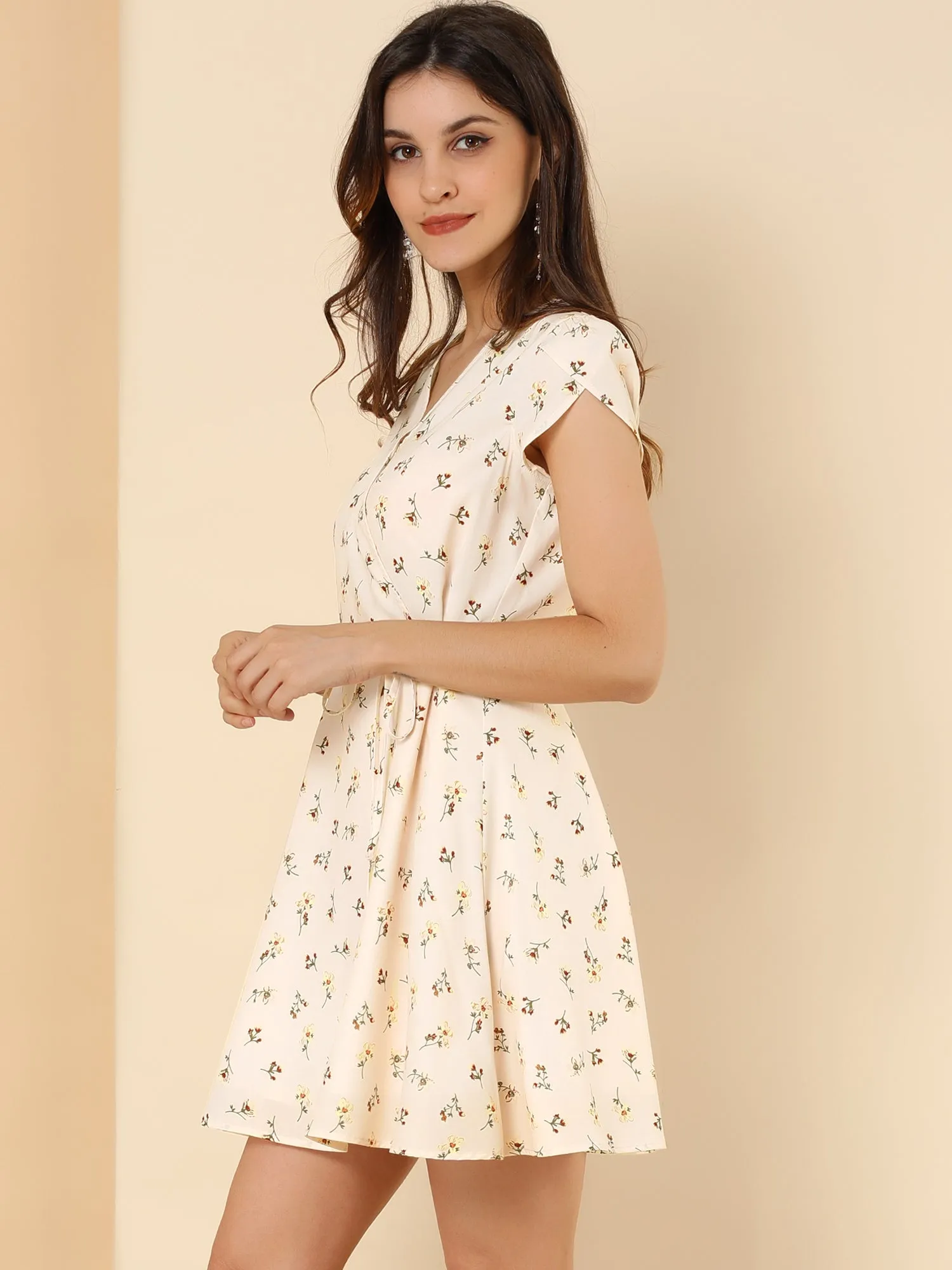 Boho Crossover V Neck Petal Sleeve Belted Floral Flowy Dress