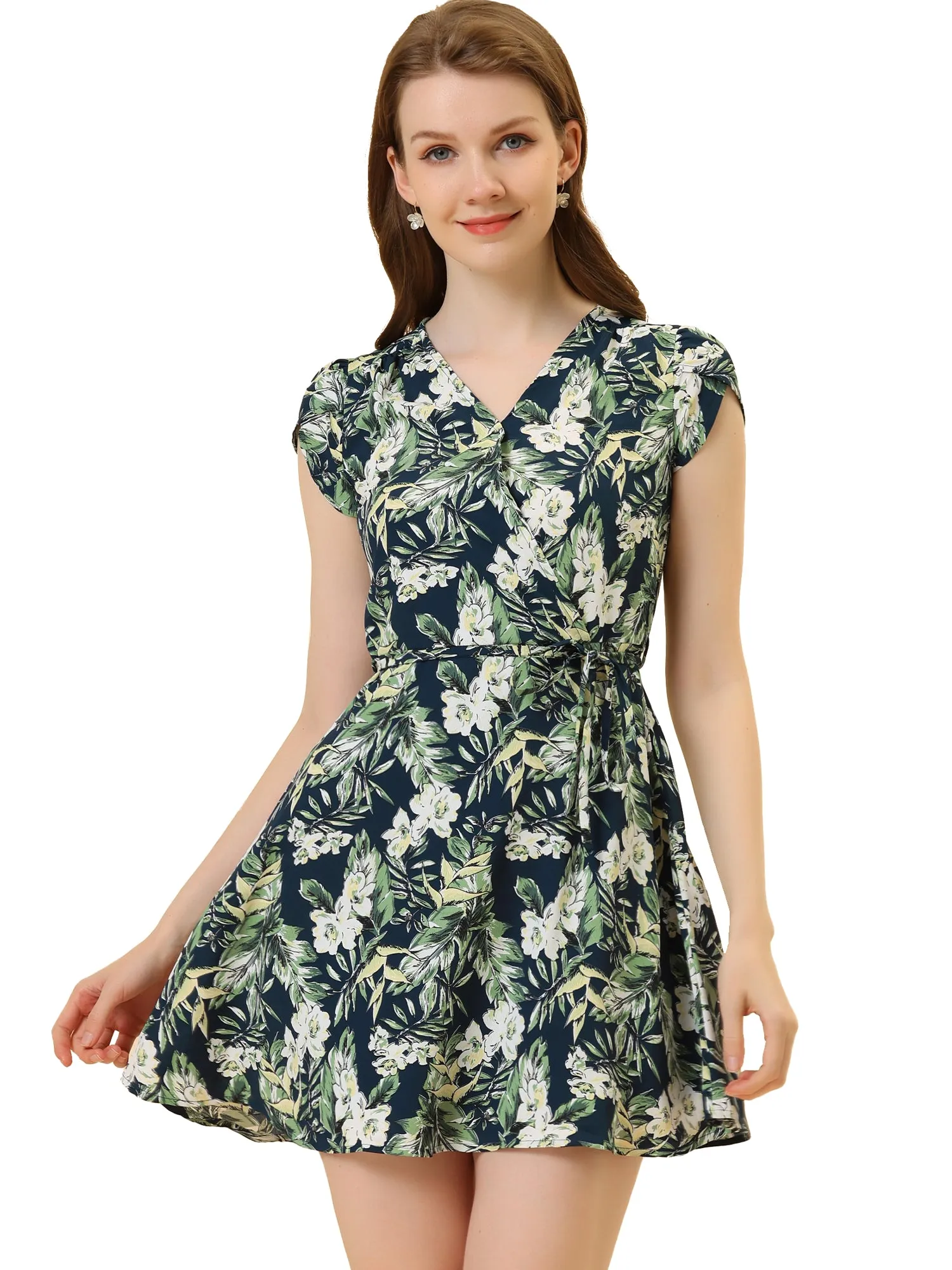 Boho Crossover V Neck Petal Sleeve Belted Floral Flowy Dress