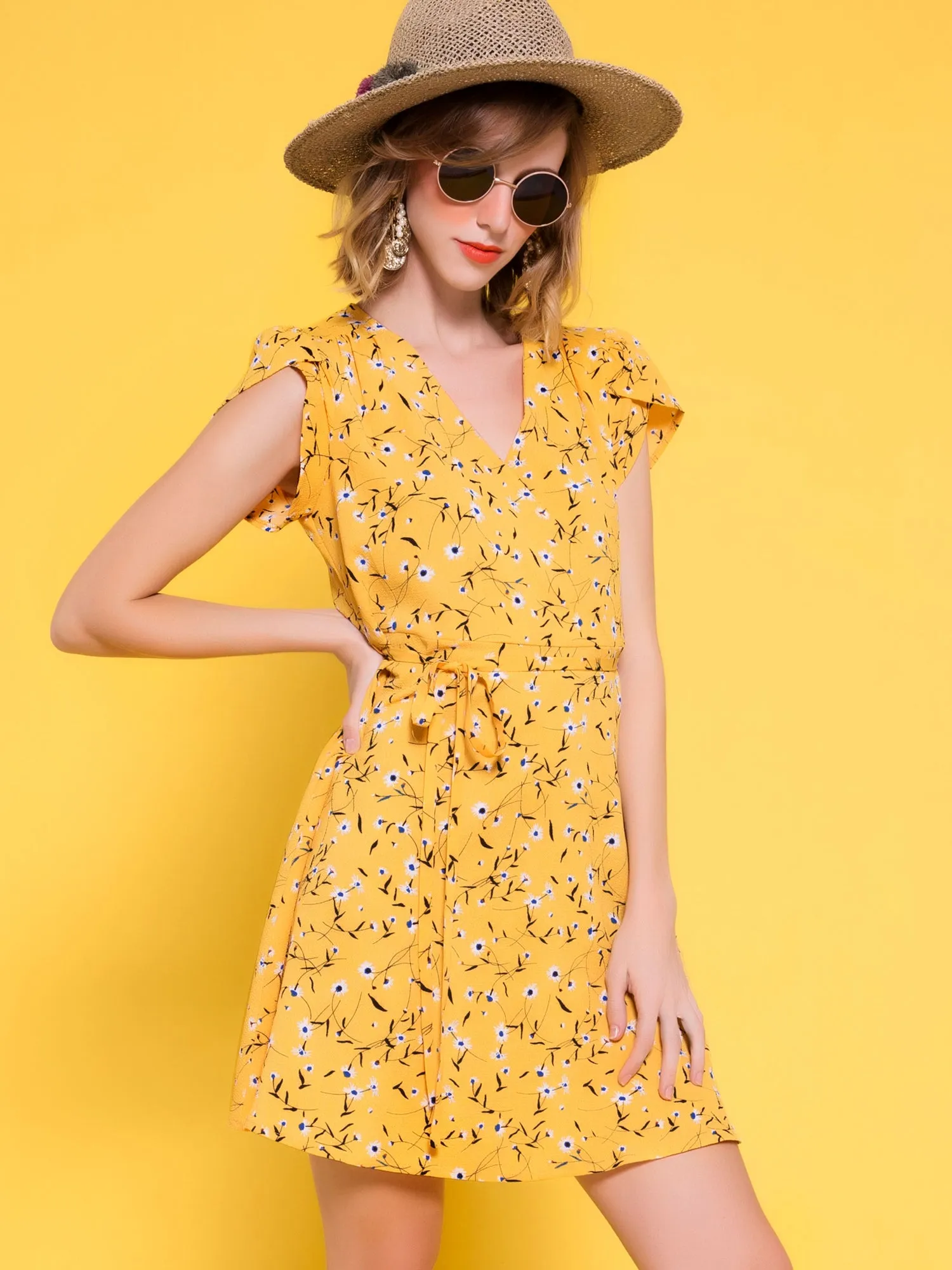 Boho Crossover V Neck Petal Sleeve Belted Floral Flowy Dress