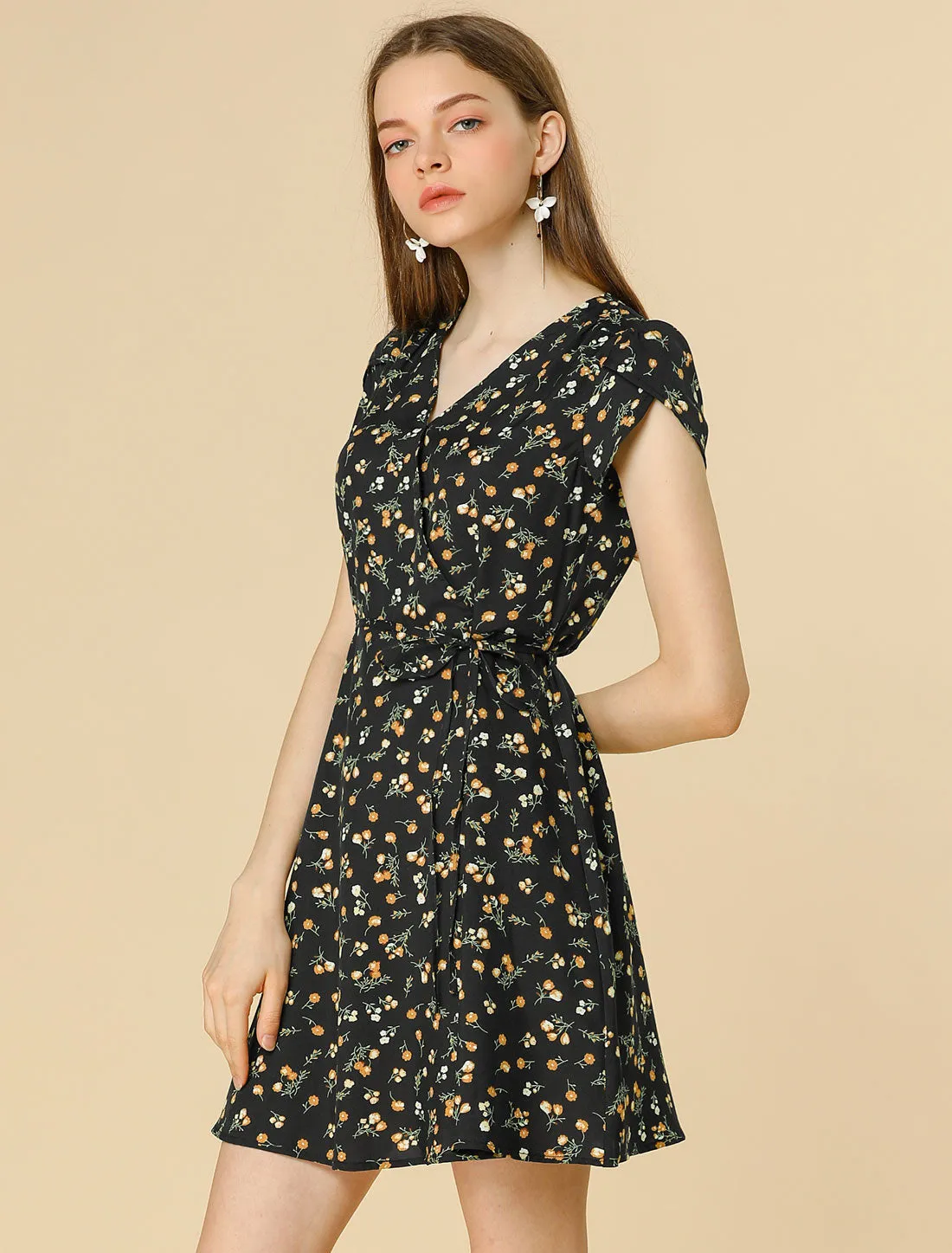 Boho Crossover V Neck Petal Sleeve Belted Floral Flowy Dress