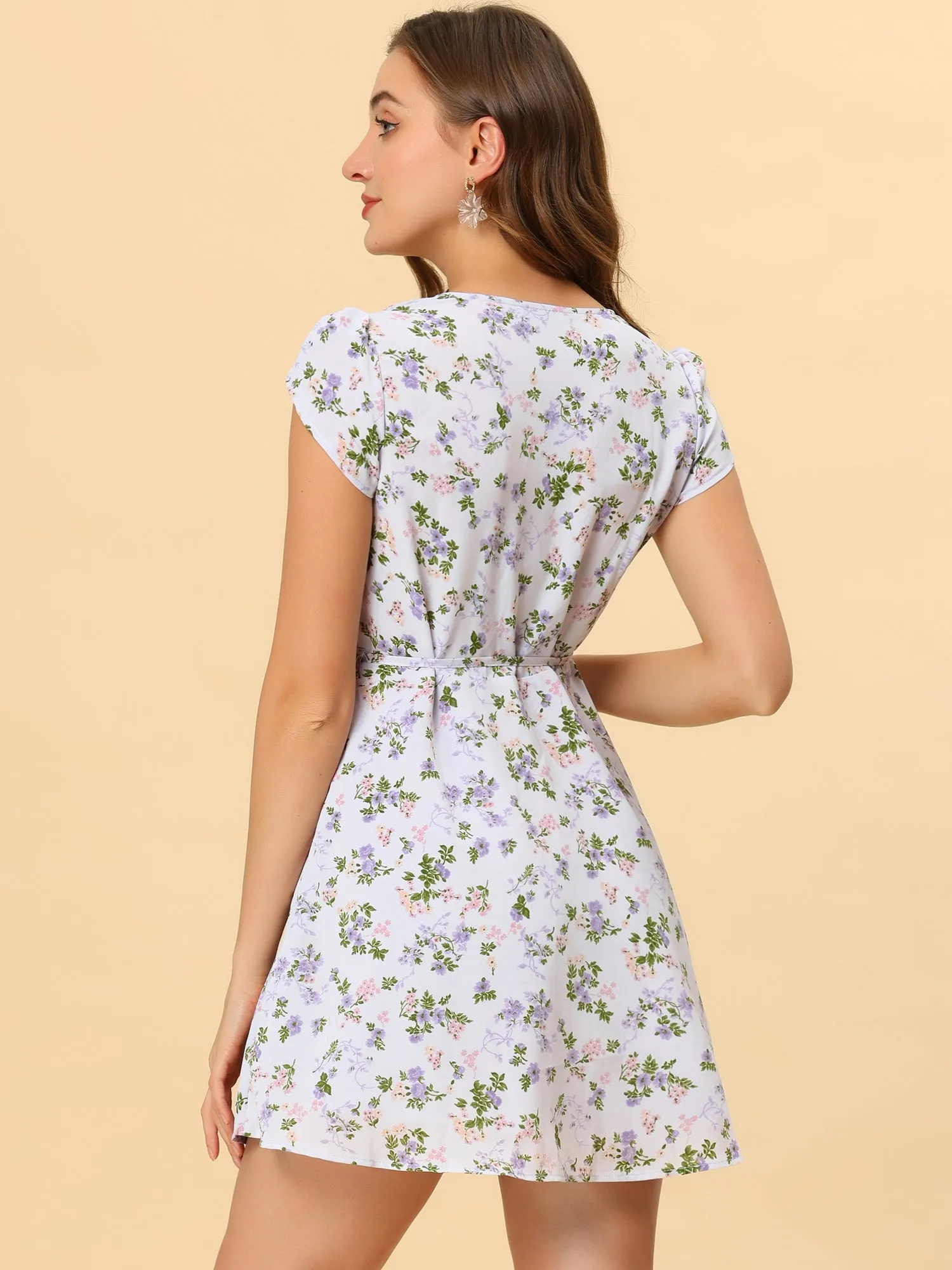 Boho Crossover V Neck Petal Sleeve Belted Floral Flowy Dress
