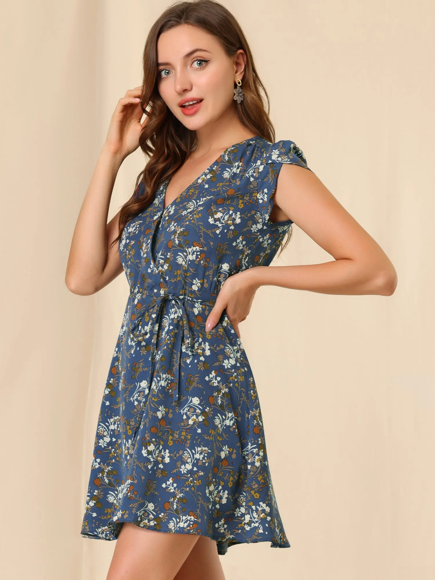 Boho Crossover V Neck Petal Sleeve Belted Floral Flowy Dress