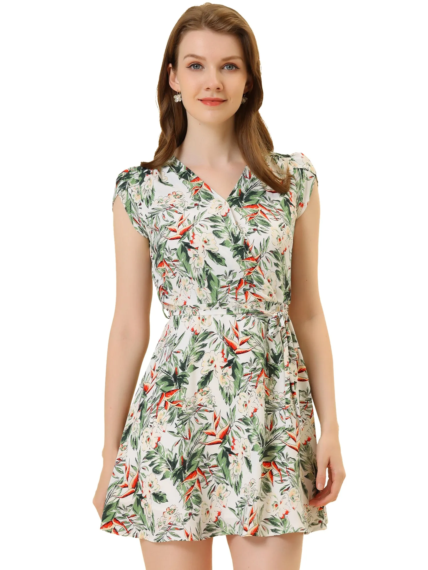 Boho Crossover V Neck Petal Sleeve Belted Floral Flowy Dress
