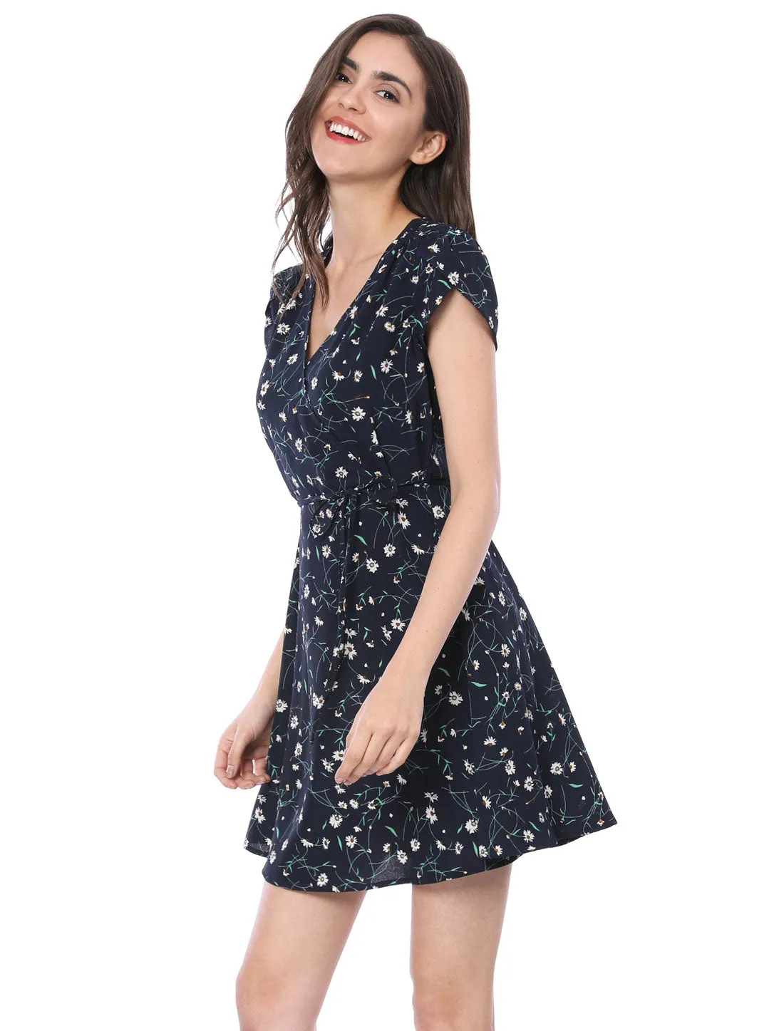 Boho Crossover V Neck Petal Sleeve Belted Floral Flowy Dress