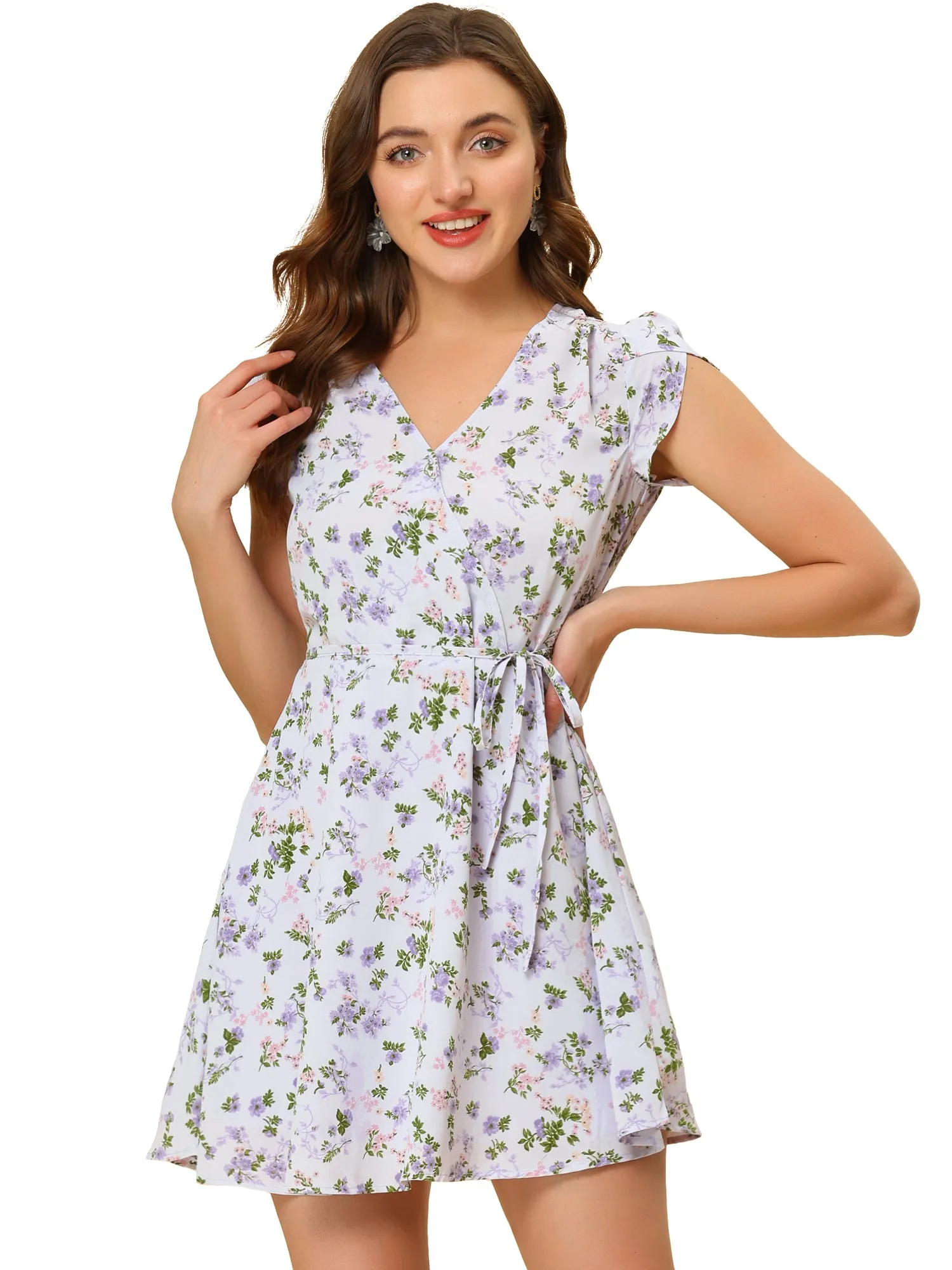 Boho Crossover V Neck Petal Sleeve Belted Floral Flowy Dress