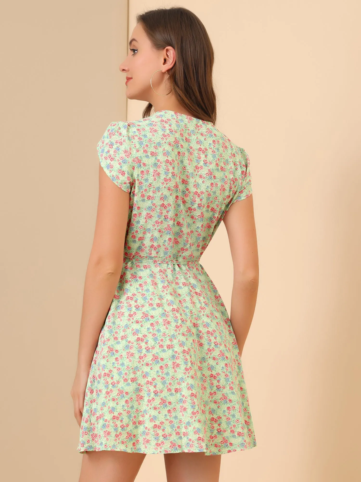 Boho Crossover V Neck Petal Sleeve Belted Floral Flowy Dress