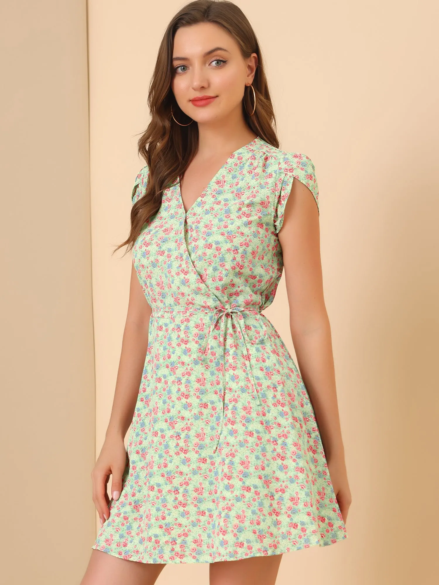 Boho Crossover V Neck Petal Sleeve Belted Floral Flowy Dress