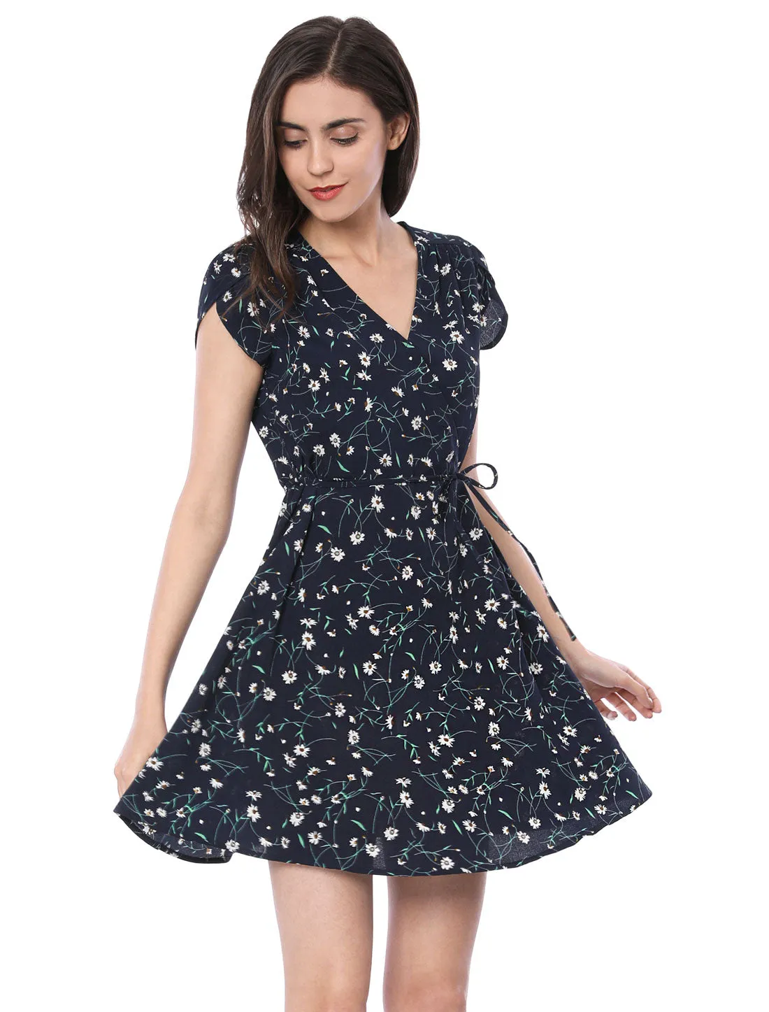 Boho Crossover V Neck Petal Sleeve Belted Floral Flowy Dress