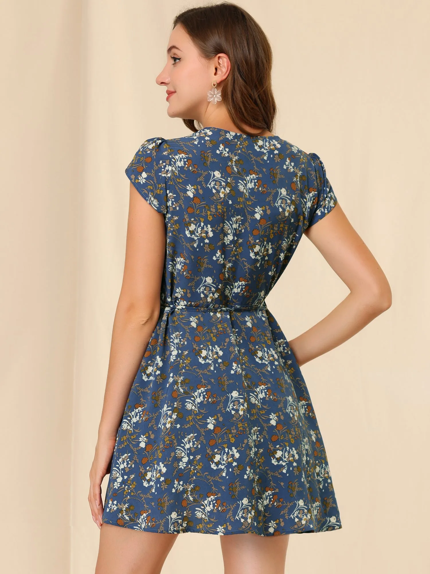 Boho Crossover V Neck Petal Sleeve Belted Floral Flowy Dress