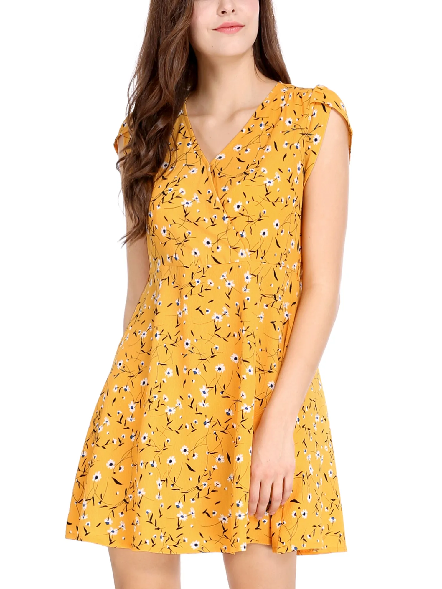 Boho Crossover V Neck Petal Sleeve Belted Floral Flowy Dress