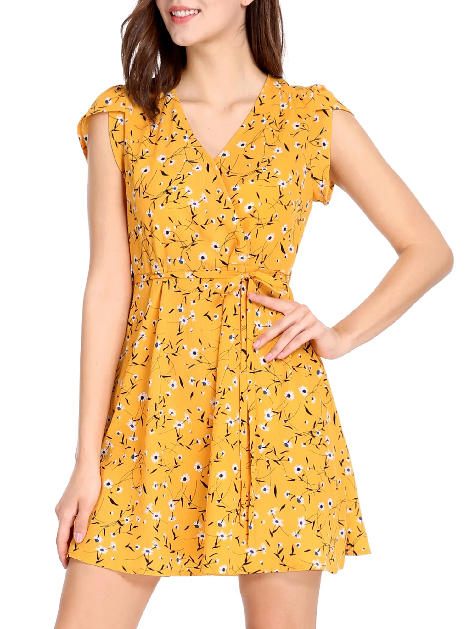Boho Crossover V Neck Petal Sleeve Belted Floral Flowy Dress