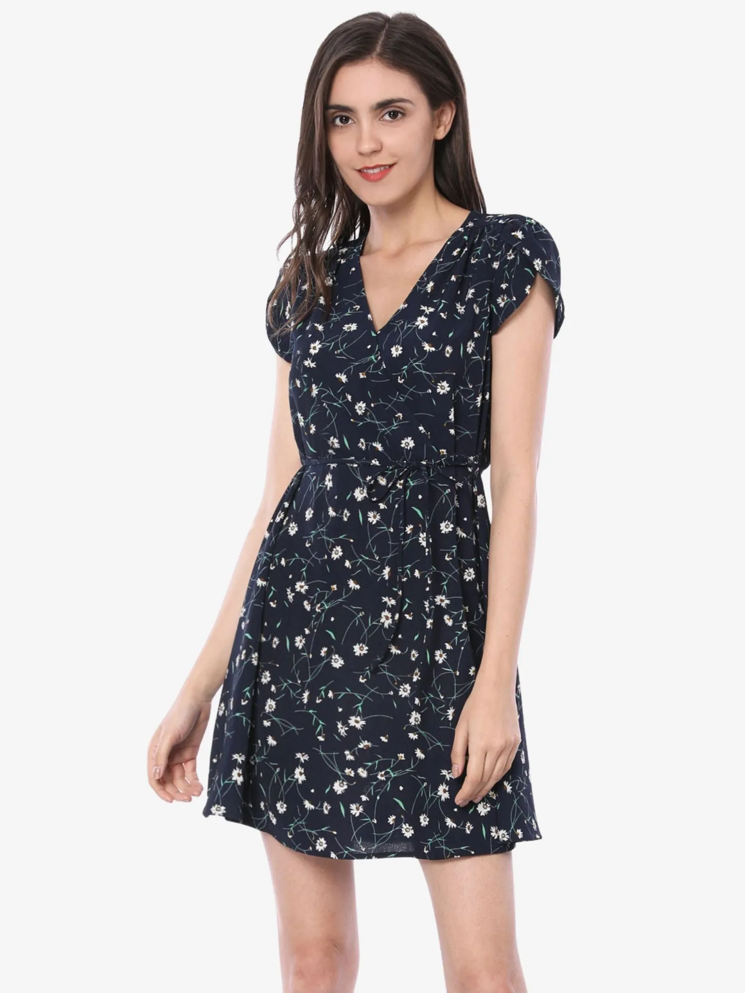 Boho Crossover V Neck Petal Sleeve Belted Floral Flowy Dress