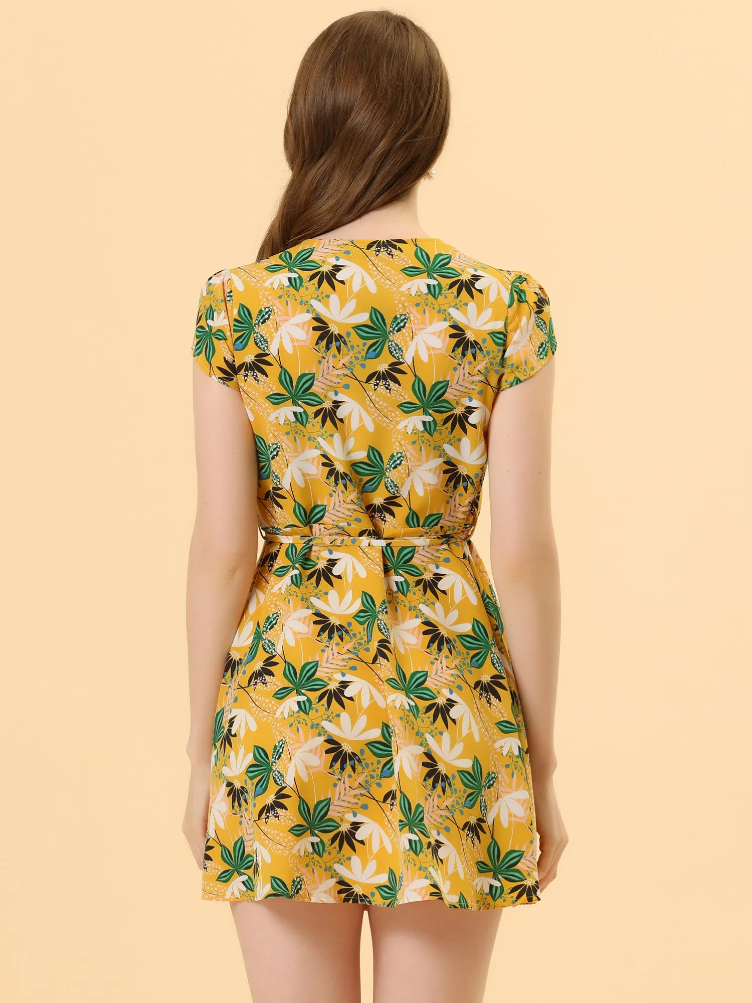 Boho Crossover V Neck Petal Sleeve Belted Floral Flowy Dress