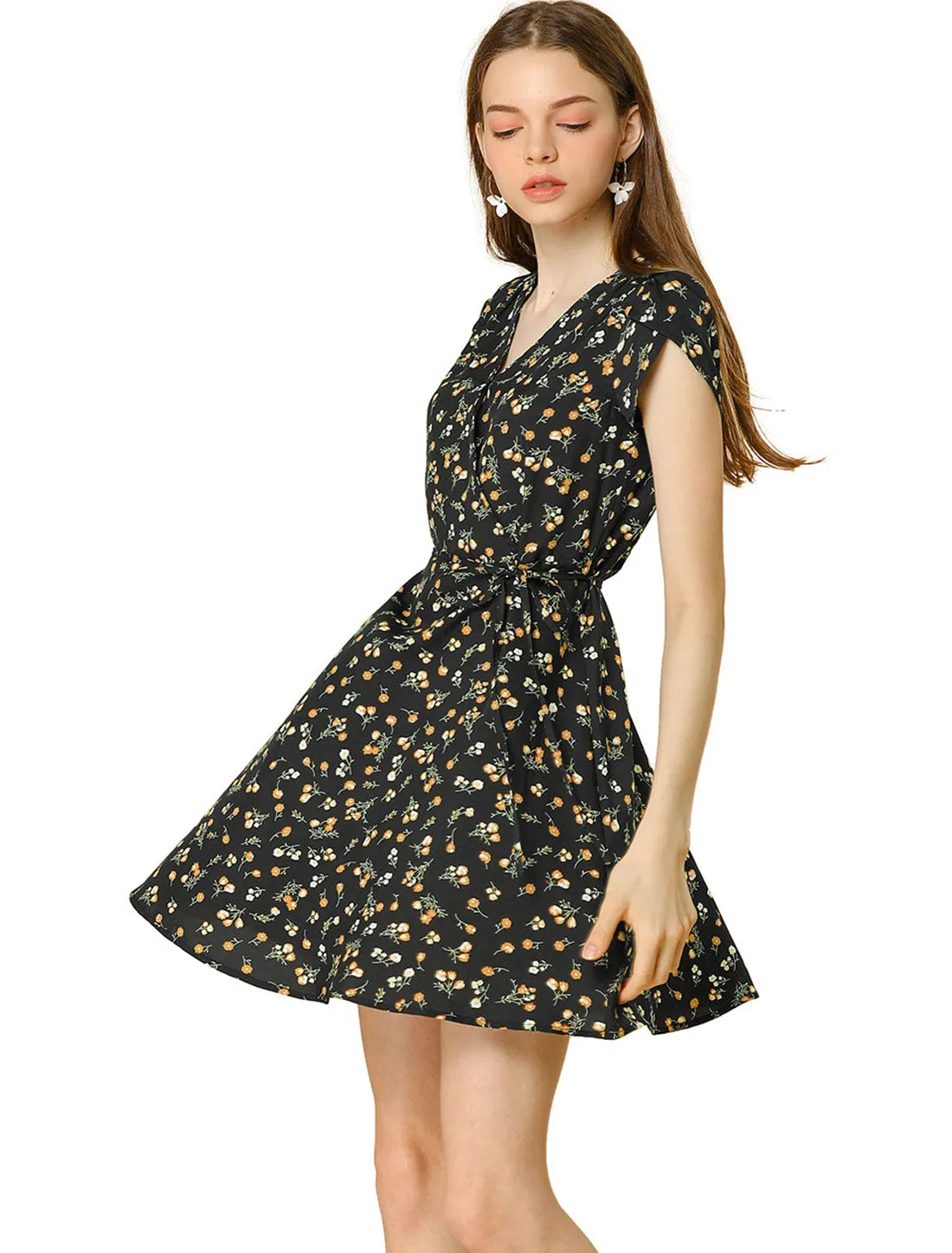 Boho Crossover V Neck Petal Sleeve Belted Floral Flowy Dress