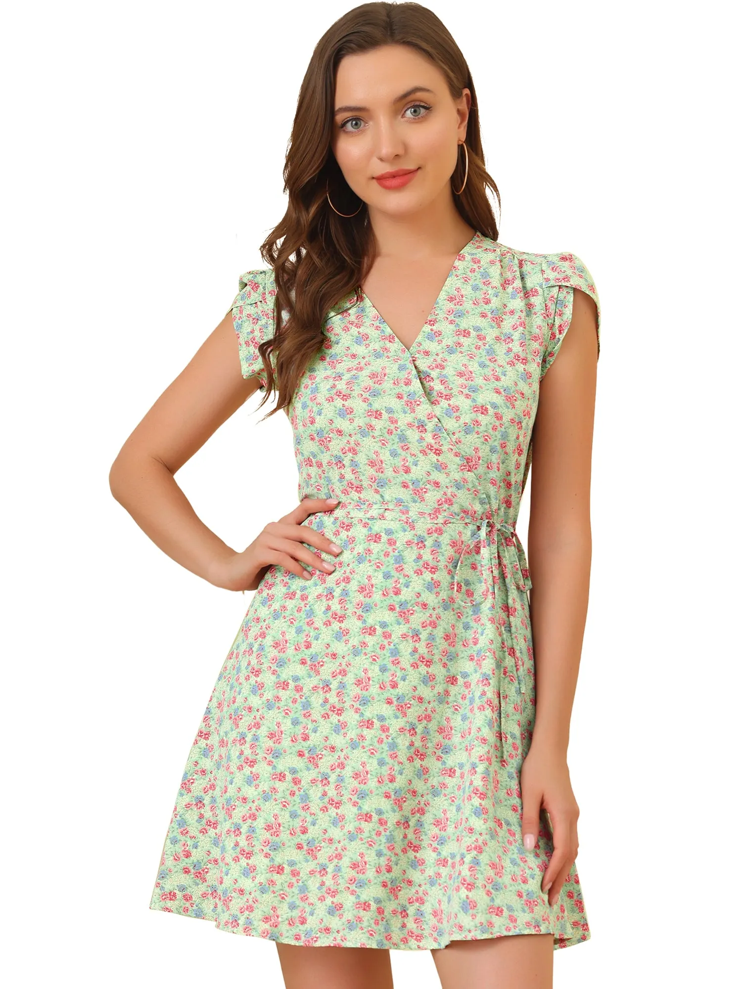 Boho Crossover V Neck Petal Sleeve Belted Floral Flowy Dress