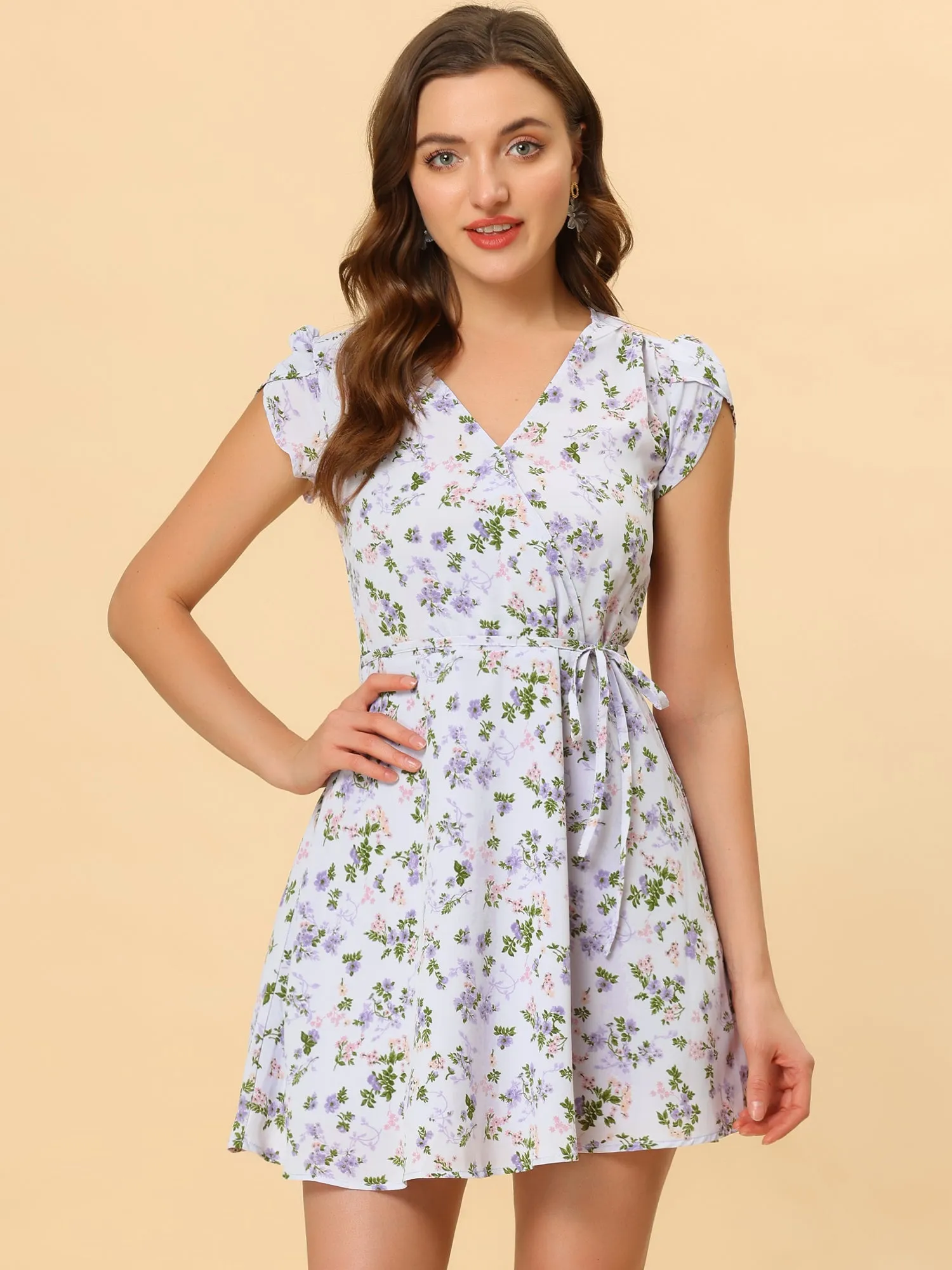 Boho Crossover V Neck Petal Sleeve Belted Floral Flowy Dress