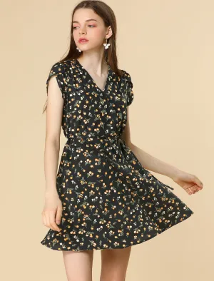 Boho Crossover V Neck Petal Sleeve Belted Floral Flowy Dress