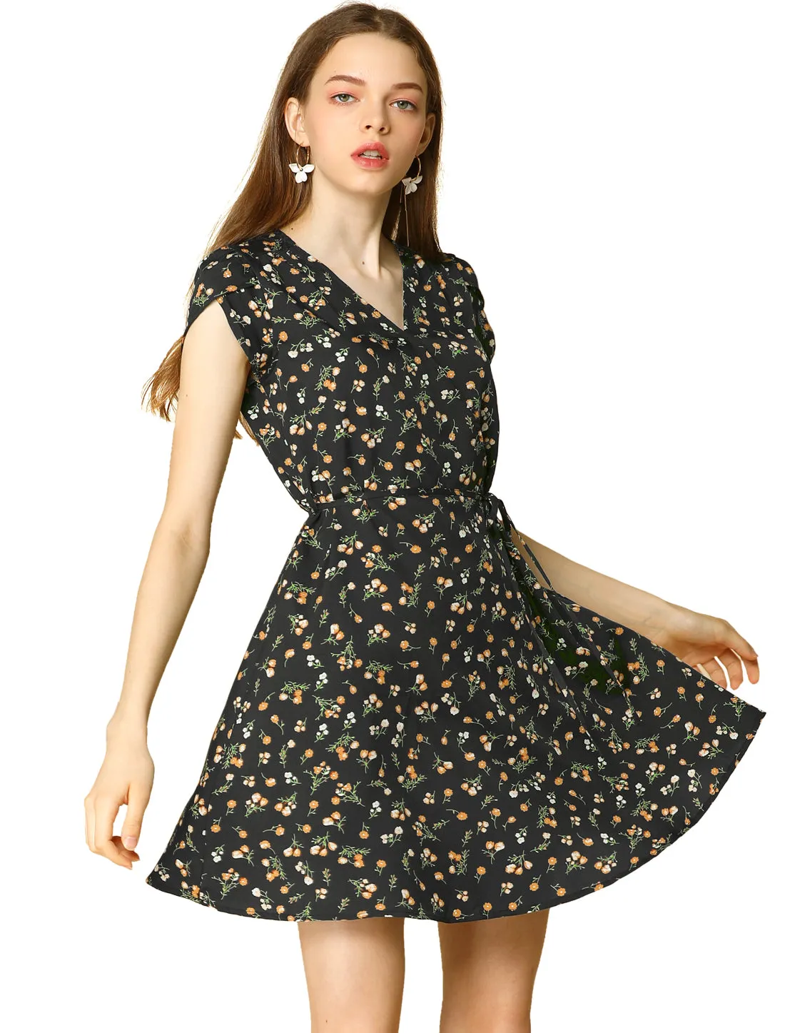 Boho Crossover V Neck Petal Sleeve Belted Floral Flowy Dress