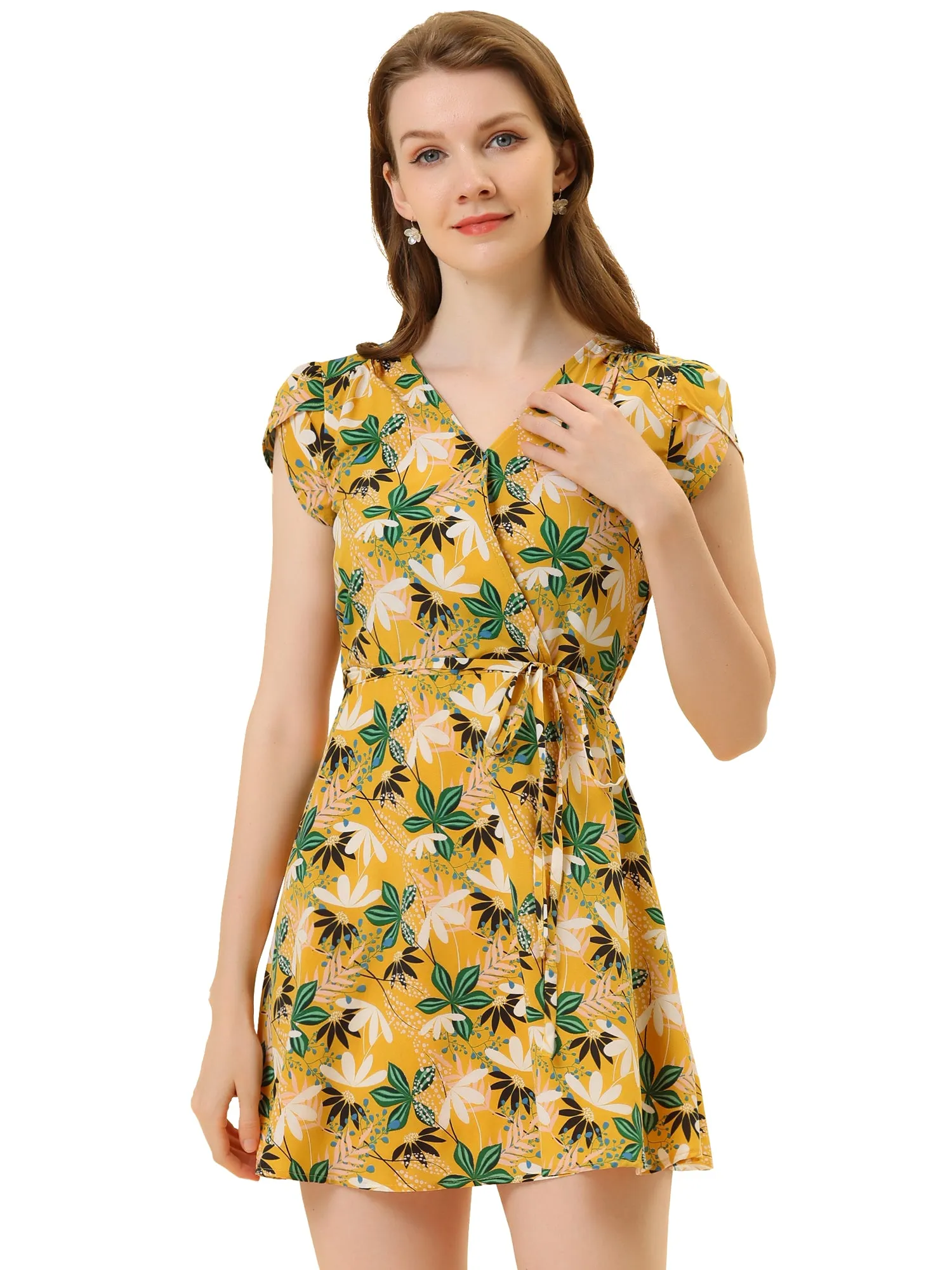 Boho Crossover V Neck Petal Sleeve Belted Floral Flowy Dress