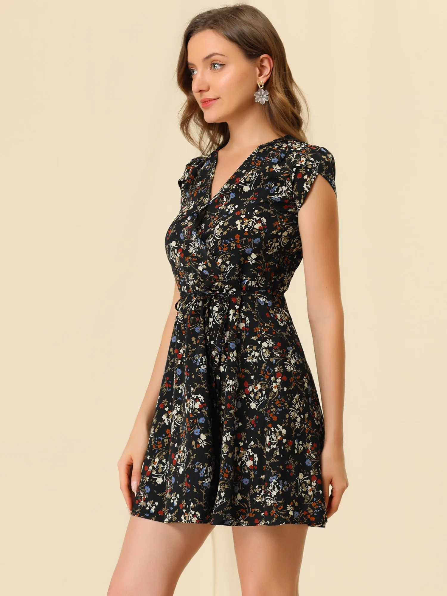 Boho Crossover V Neck Petal Sleeve Belted Floral Flowy Dress
