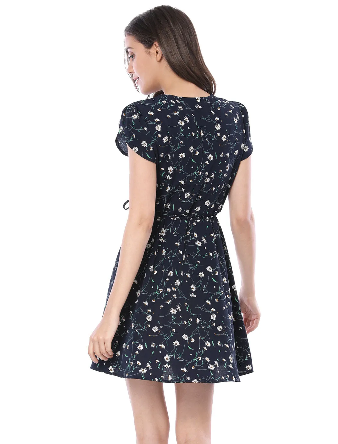 Boho Crossover V Neck Petal Sleeve Belted Floral Flowy Dress