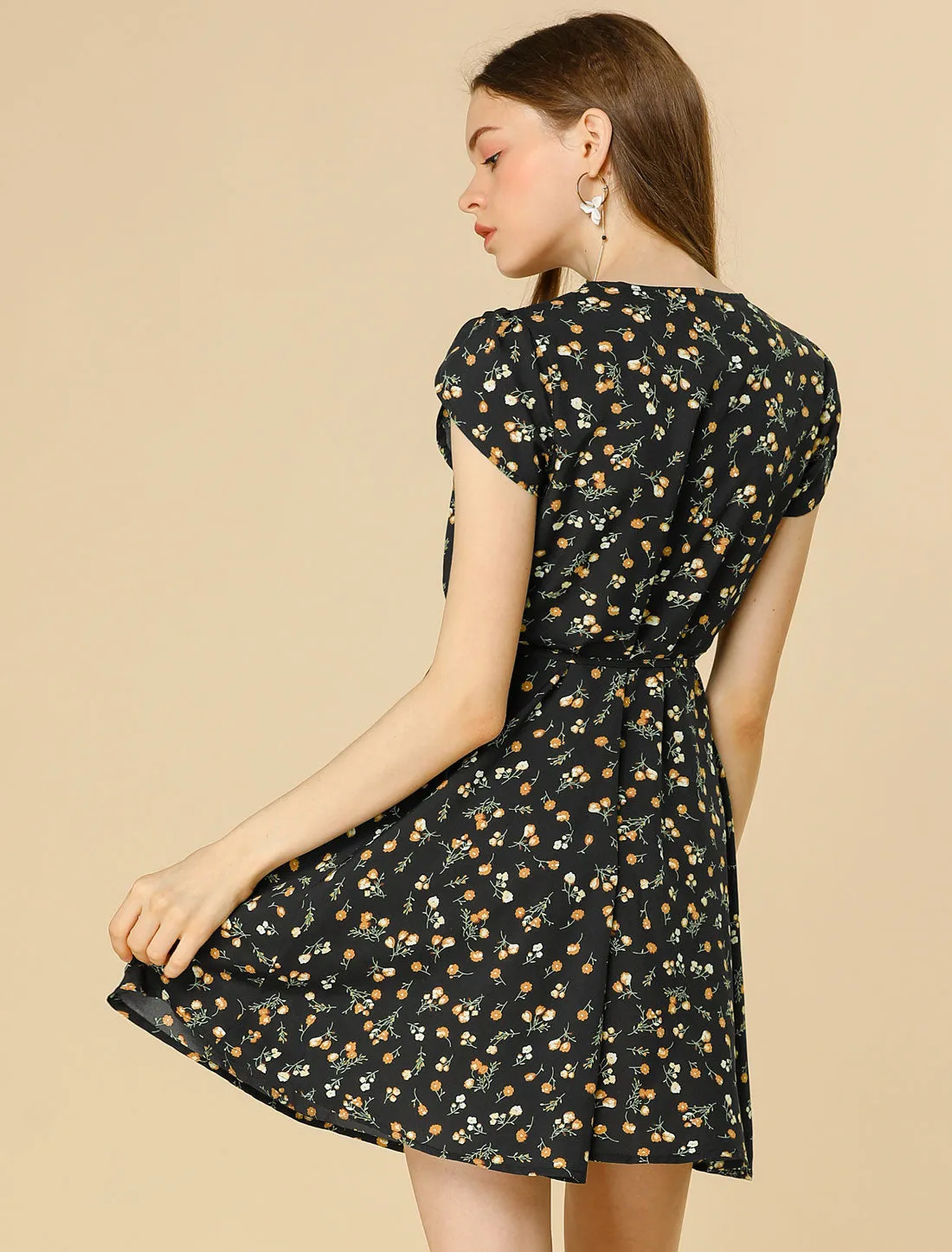 Boho Crossover V Neck Petal Sleeve Belted Floral Flowy Dress