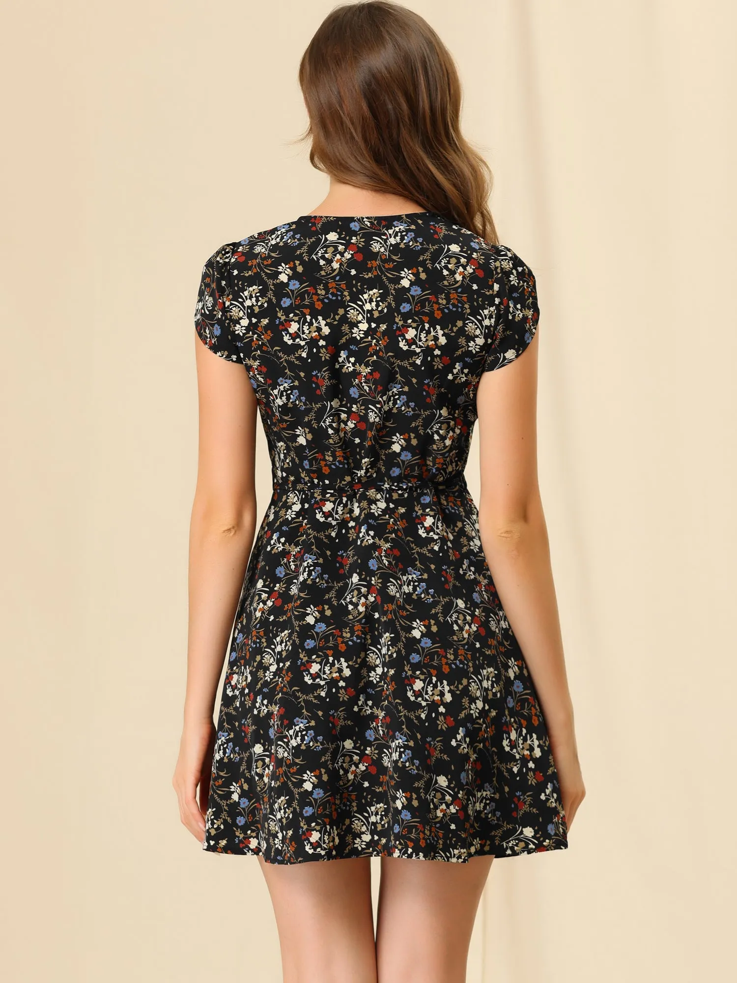 Boho Crossover V Neck Petal Sleeve Belted Floral Flowy Dress