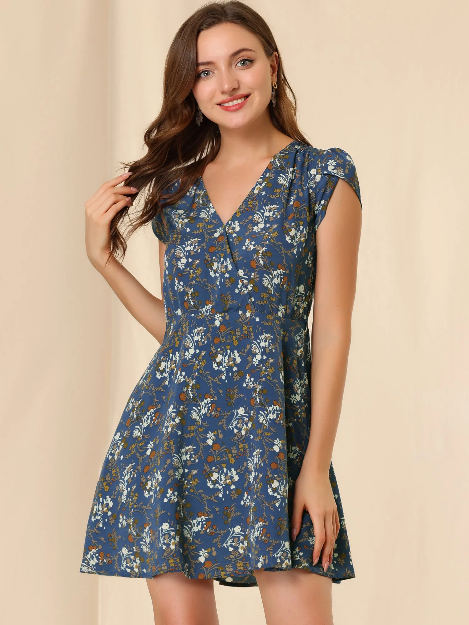 Boho Crossover V Neck Petal Sleeve Belted Floral Flowy Dress