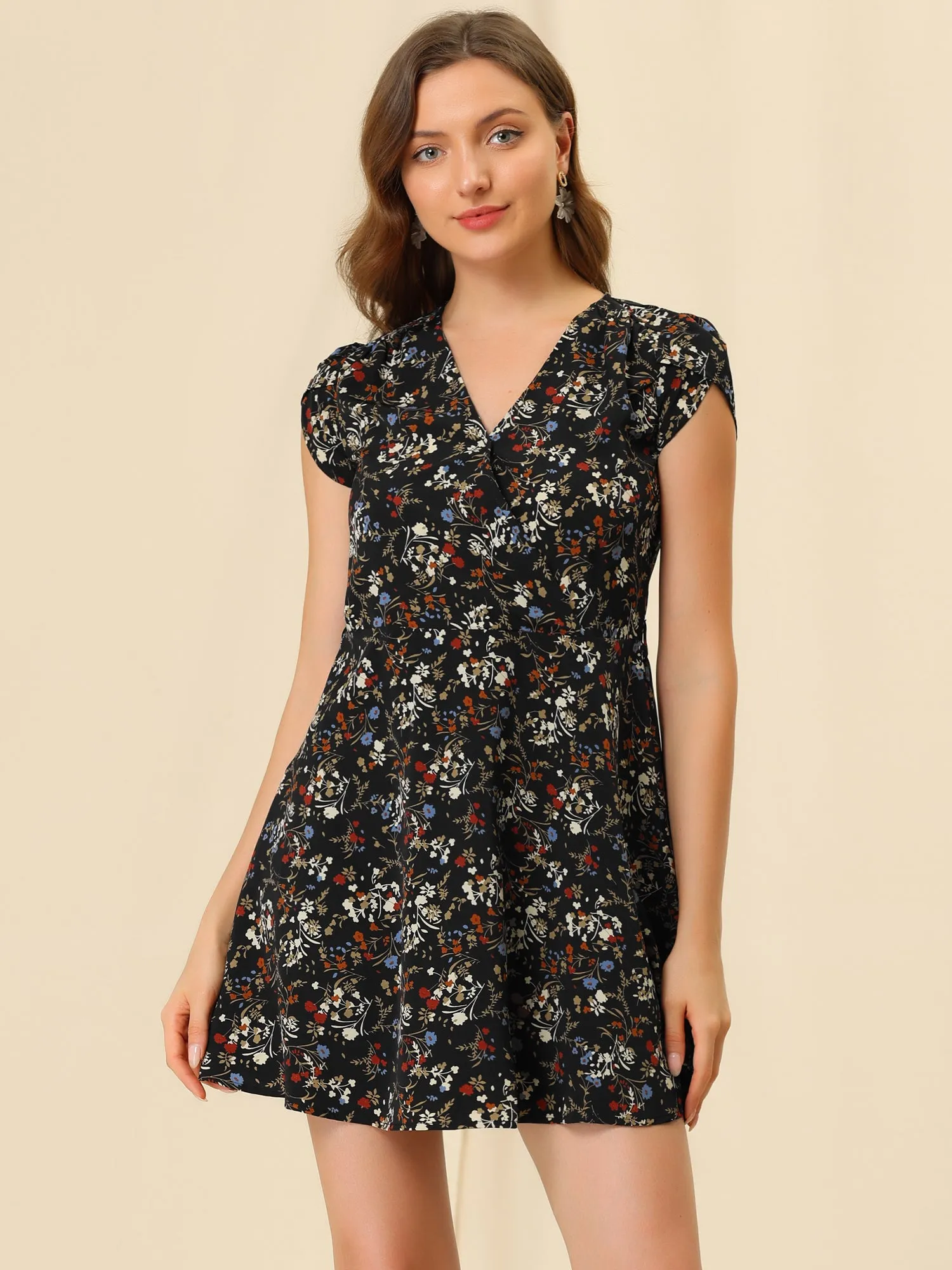 Boho Crossover V Neck Petal Sleeve Belted Floral Flowy Dress