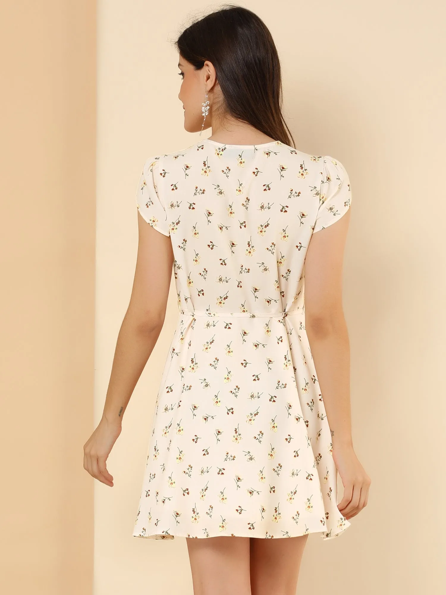 Boho Crossover V Neck Petal Sleeve Belted Floral Flowy Dress