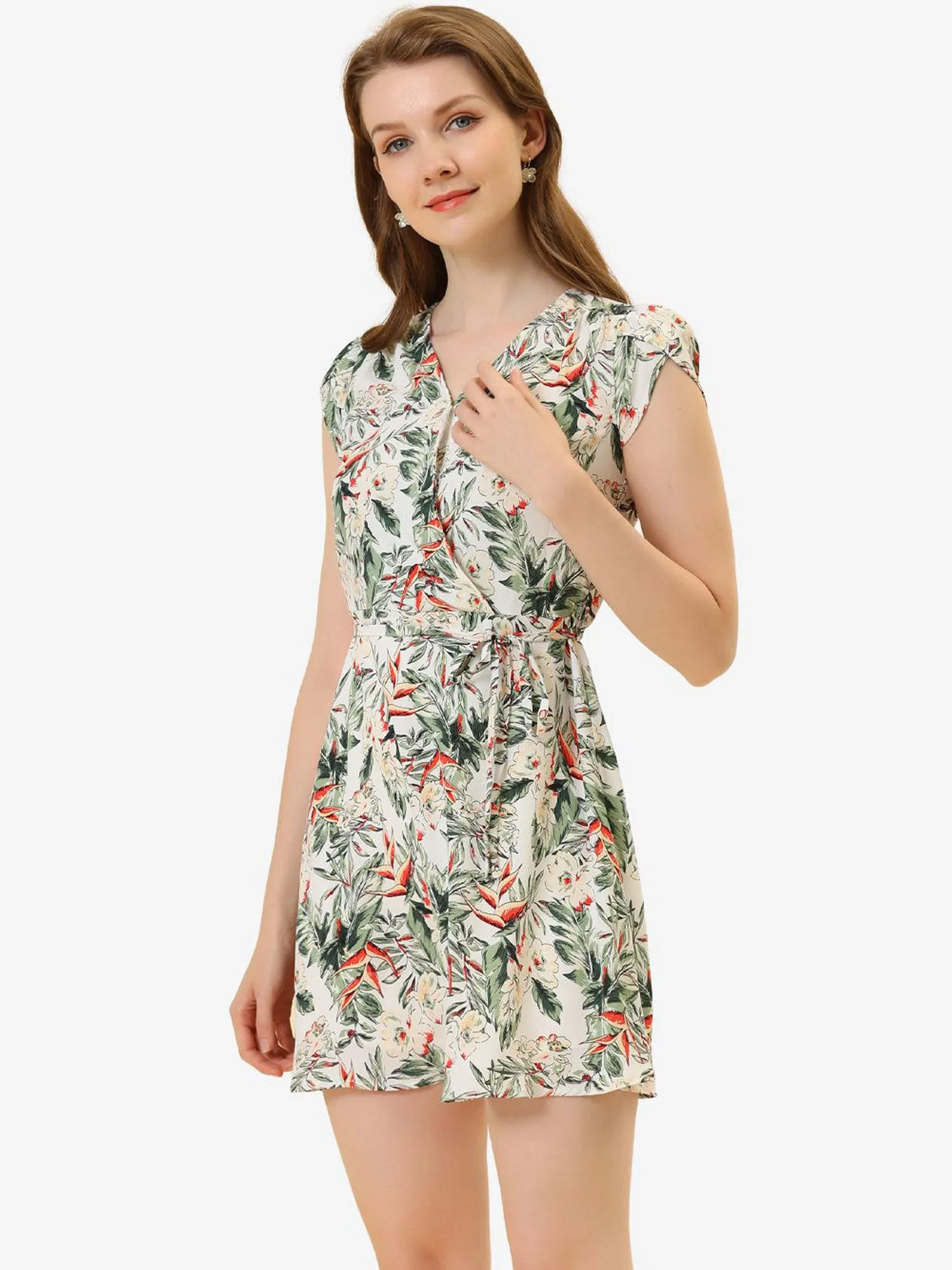 Boho Crossover V Neck Petal Sleeve Belted Floral Flowy Dress